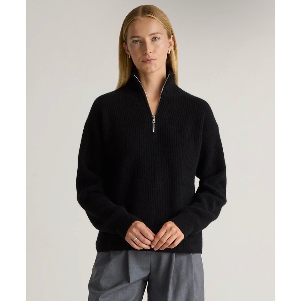 Quince 100% Mongolian Cashmere Ribbed Quarter Zip Sweater Black Small NWOT